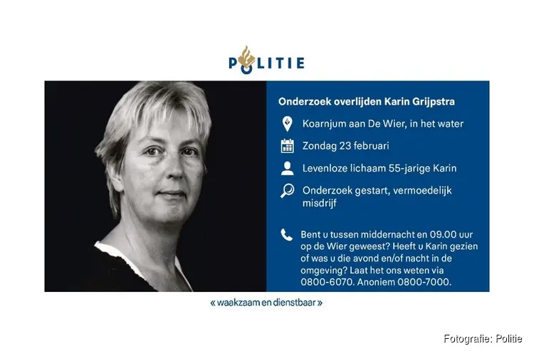 Politie doorzoekt sloot in verband met onderzoek overlijden Karin Grijpstra